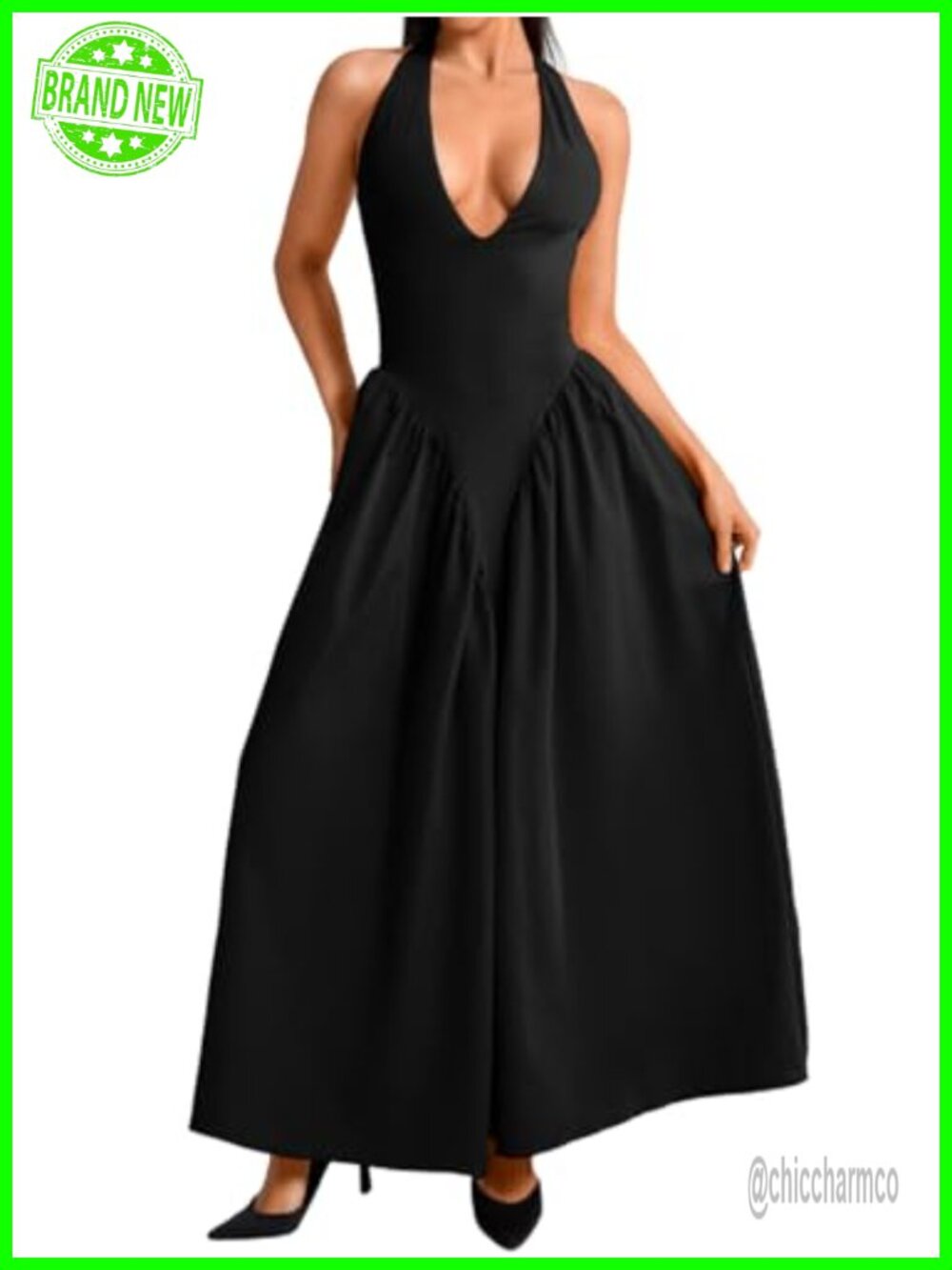 Deep V Neck Halter Maxi Dress Layered Bow Semi-Formal Wedding Guest